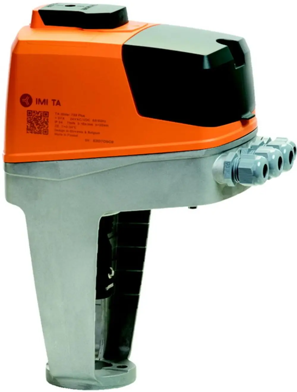 Stellantrieb von IMI Hydronic Engineering in orange und grauer Farbe, für die Regelung von Heizungs- oder Klimaanlagen, mit verschiedenen Anschlussmöglichkeiten.